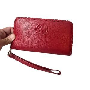 Tory Burch red whipstitch pebbled leather wristlet
